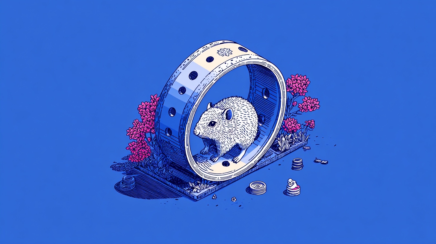 Illustration of a white mouse running inside a metallic wheel, surrounded by pink flowers and scattered small objects, evoking repetition or futility.