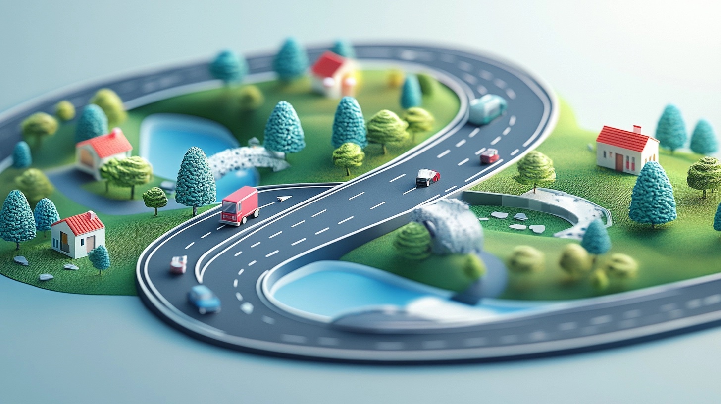 A 3D illustration of a winding road through a scenic, miniature landscape. The road is surrounded by lush trees, small houses, and a flowing body of water with a bridge. Several vehicles, including a red truck and a small car, are traveling along the road. The vibrant landscape is depicted with detailed, stylized elements such as trees, rocks, and houses, creating a playful and peaceful atmosphere.