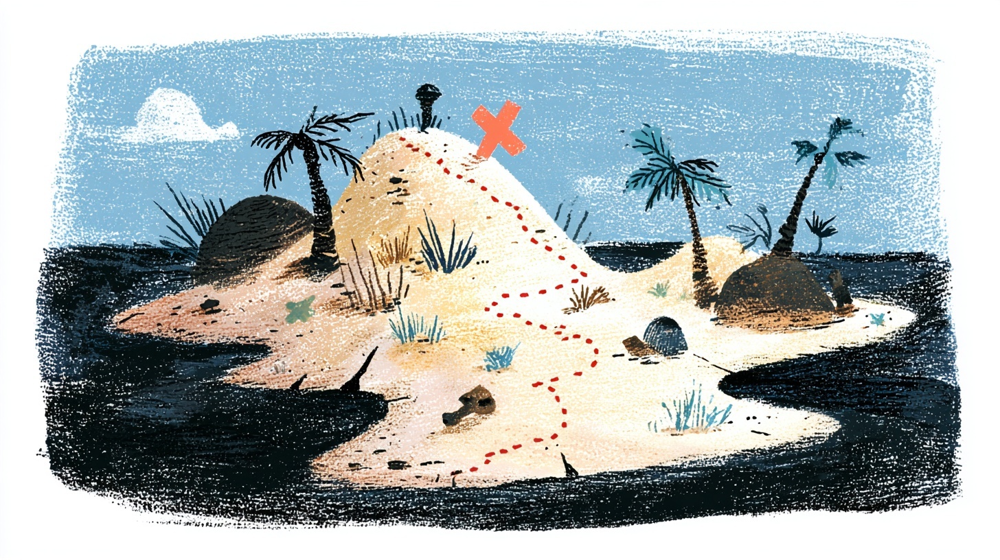 A dotted red path winds across a small island toward an X marking the destination. A map showing the route, not hiding it.