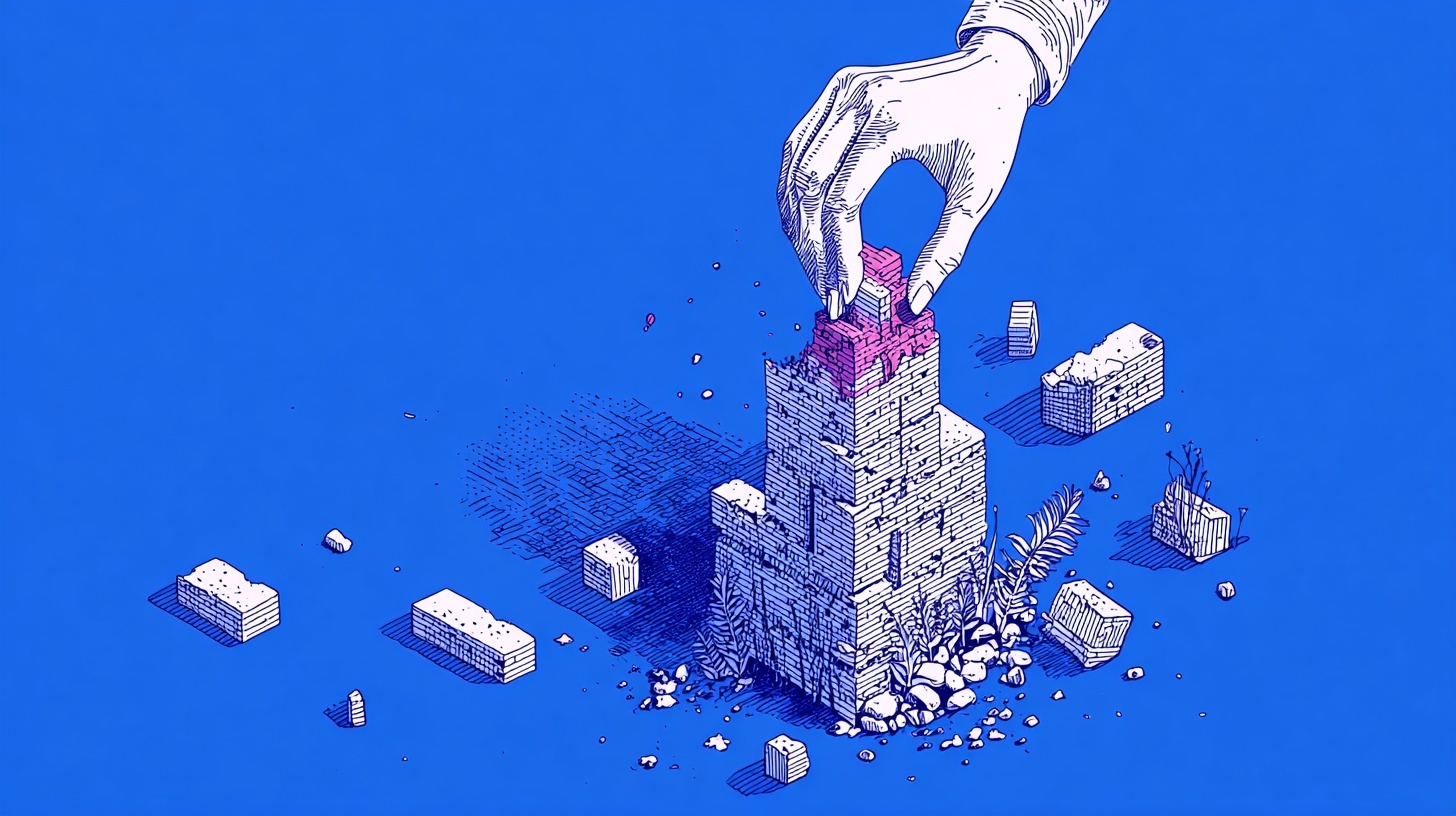  Illustration of a large hand carefully placing a pink block onto the top of a fragile, crumbling tower made of stone bricks.