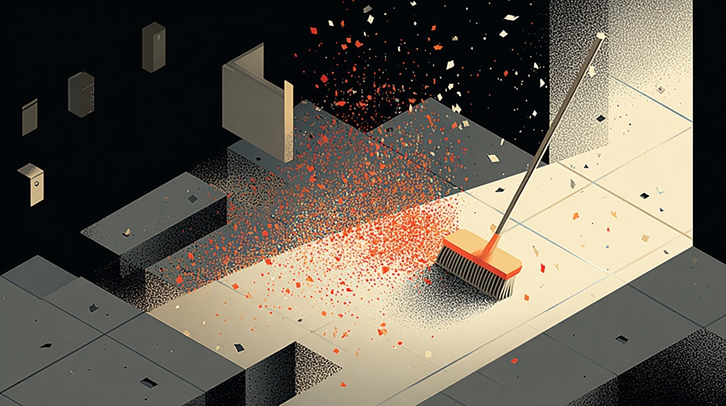 A surreal illustration of a broom sweeping across a tiled floor, scattering glowing red and white fragments into the air. The background fades into darkness with geometric shapes and door-like panels suspended midair. The scene evokes a sense of transformation or renewal, blending order and chaos in a dreamlike environment.