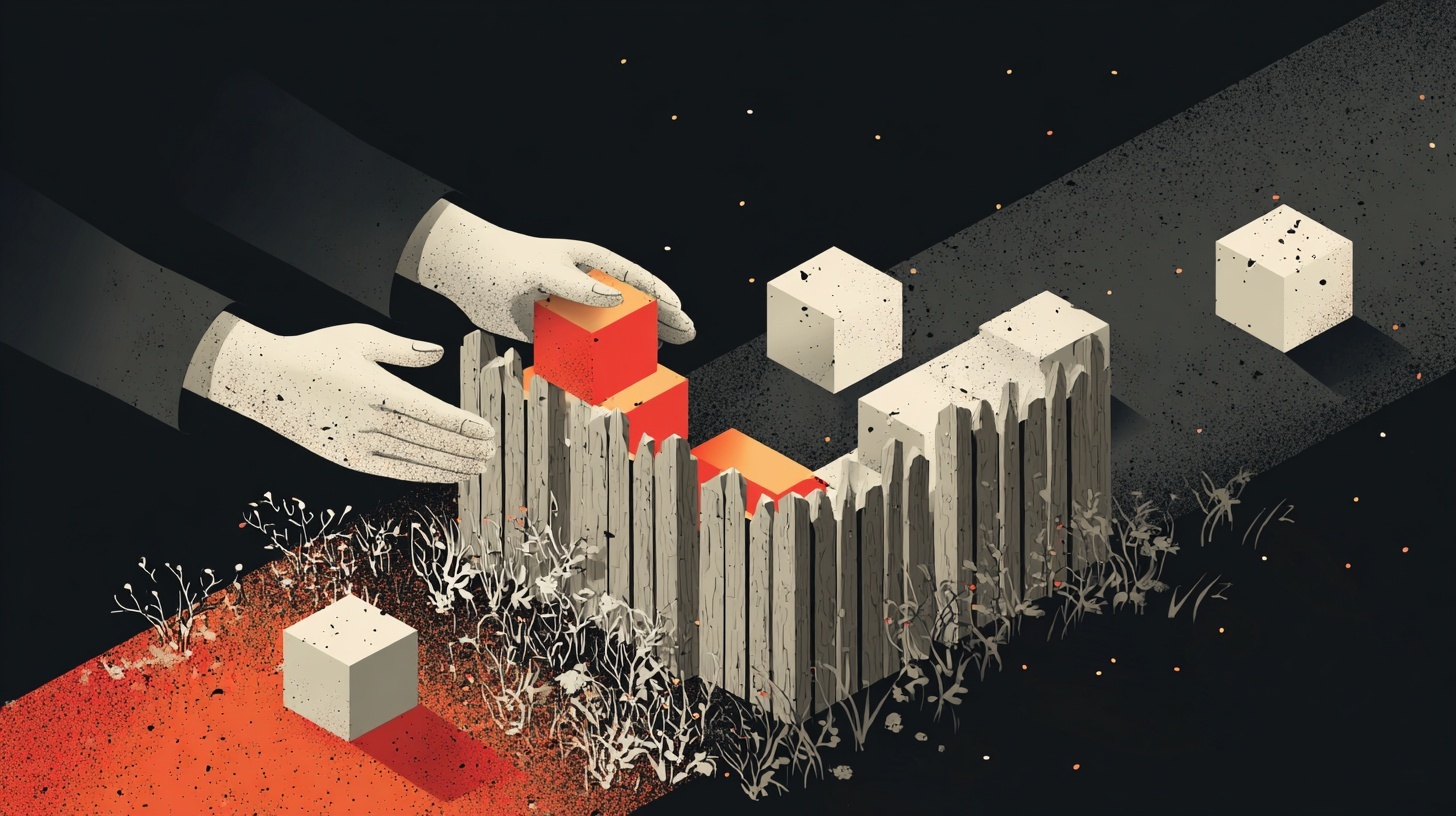 A surreal illustration of two pale hands carefully stacking red and orange cubes beside a jagged wooden fence. White cubes float and rest nearby on a dark, textured surface, while dry plants grow at the base of the fence. The scene conveys a sense of deliberate construction or creation within a desolate, abstract landscape.