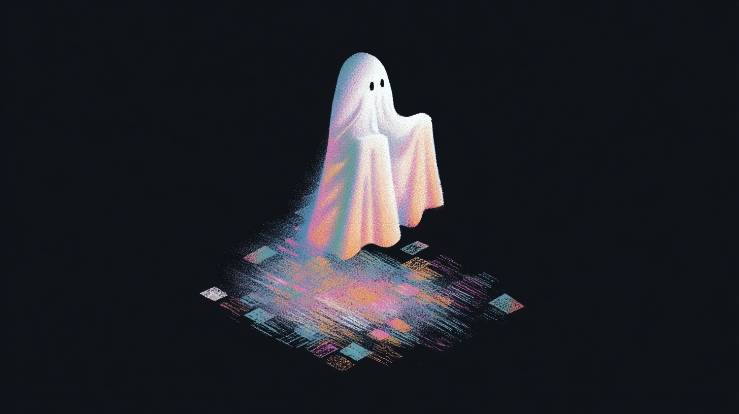 Minimalist illustration of a ghost standing over a fading, pixelated floor, symbolising lost structure or disappearing data.