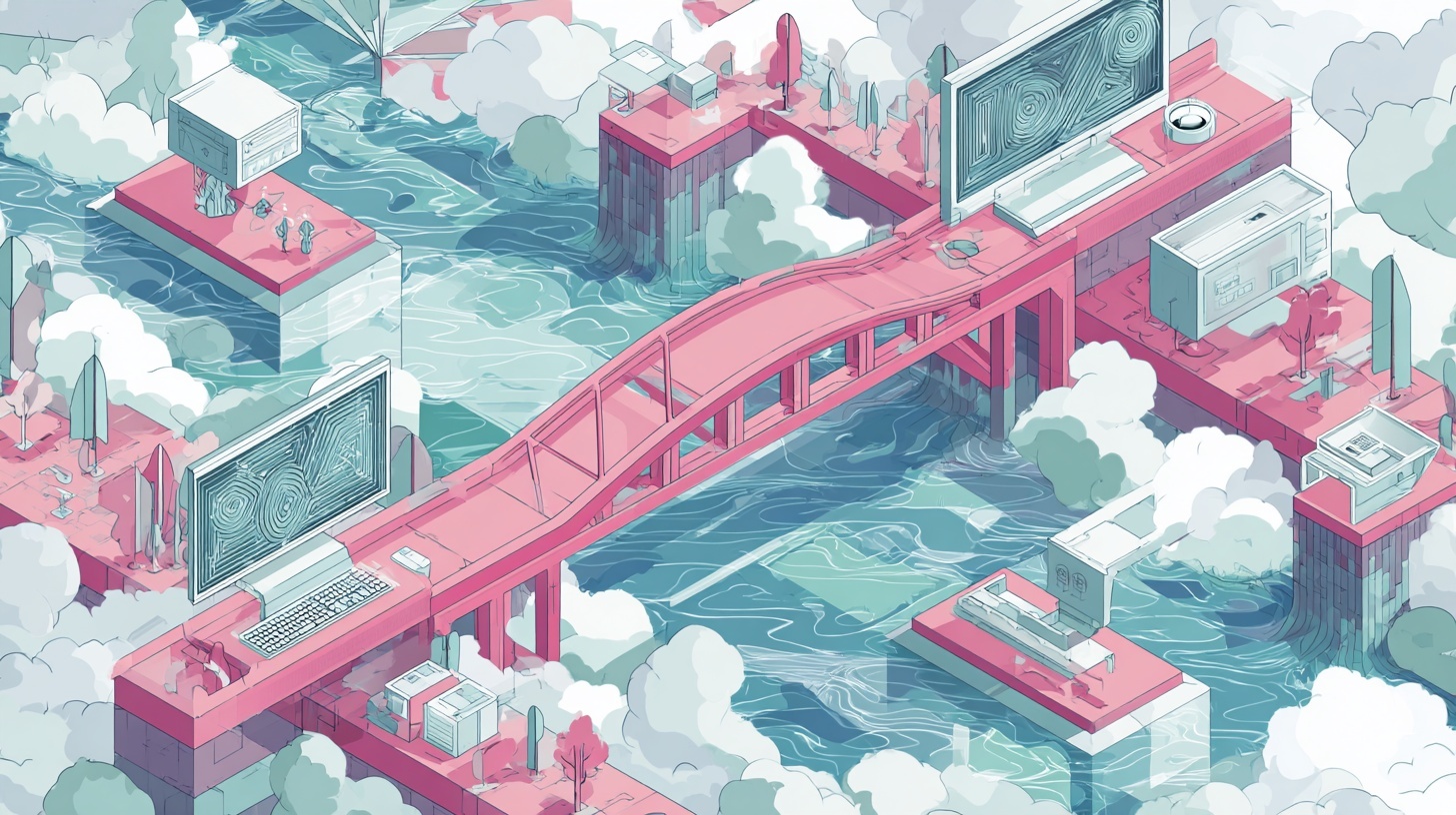 Abstract isometric illustration of a pink bridge connecting digital platforms with oversized computers and screens, set in a cloud-filled, tech-inspired landscape.