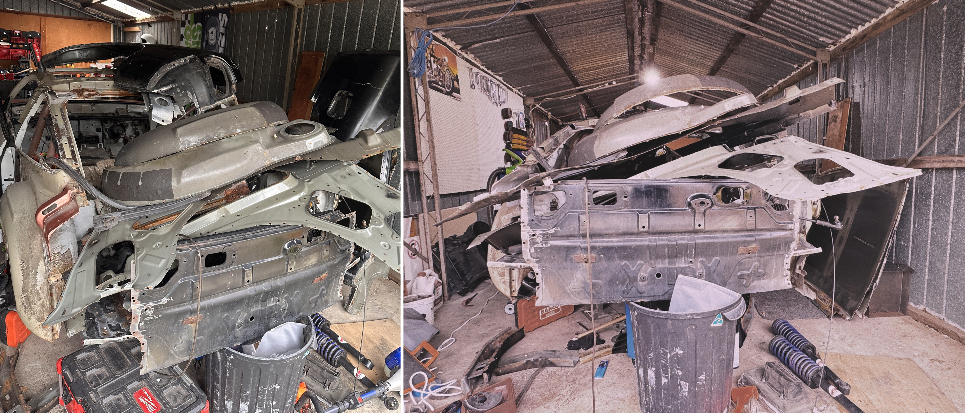 Two workshop images showing a partially disassembled Nissan 180SX body surrounded by car parts and tools. Left: a close-up of the stripped rear section with bare metal panels and various parts stacked on top. Right: the same shell viewed from behind, with body panels, coilovers, and wiring scattered around a cluttered garage space.
