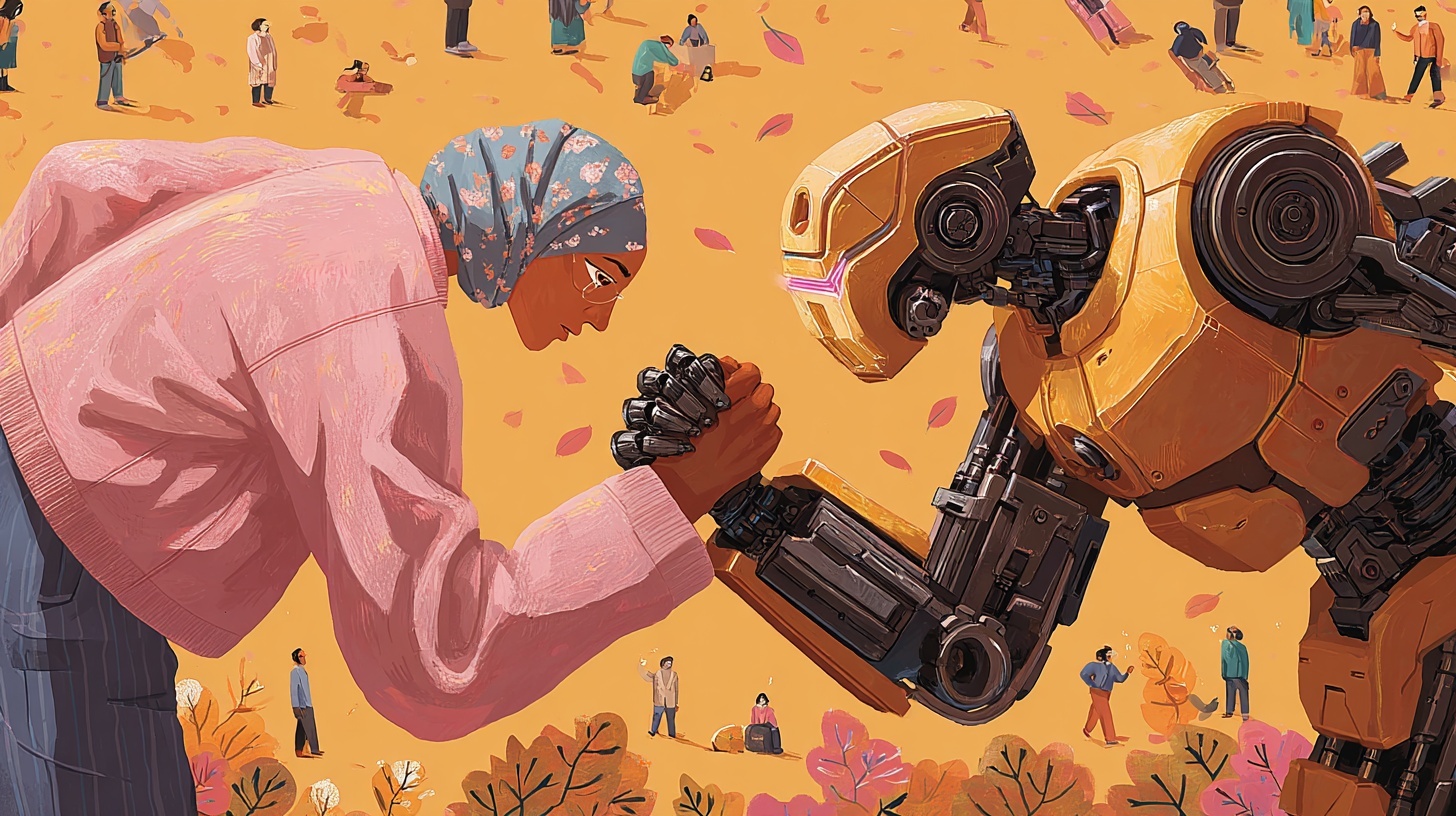  An illustrated scene of a person arm-wrestling a large industrial robot against an autumn landscape, with small figures in the background, representing the tension between human judgment and machine capability.