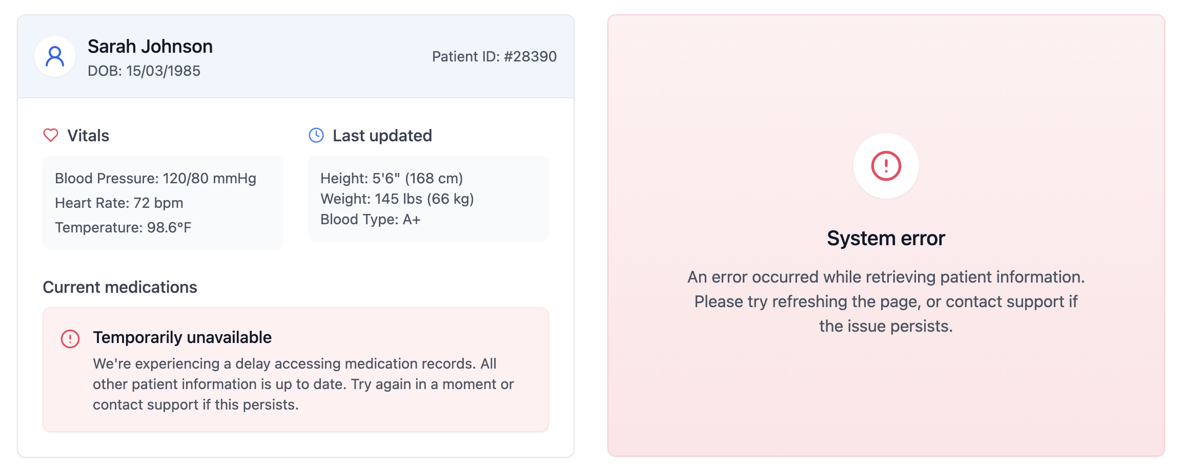 UI showing patient profile with vitals and a system error message for unavailable medical records.