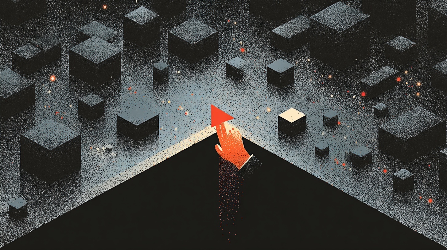 A surreal digital illustration of a hand reaching out from a dark void, touching a glowing red triangle that points upward. The hand and triangle stand out against a textured background filled with floating black cubes and small scattered lights, suggesting discovery or creation within a mysterious, abstract landscape.