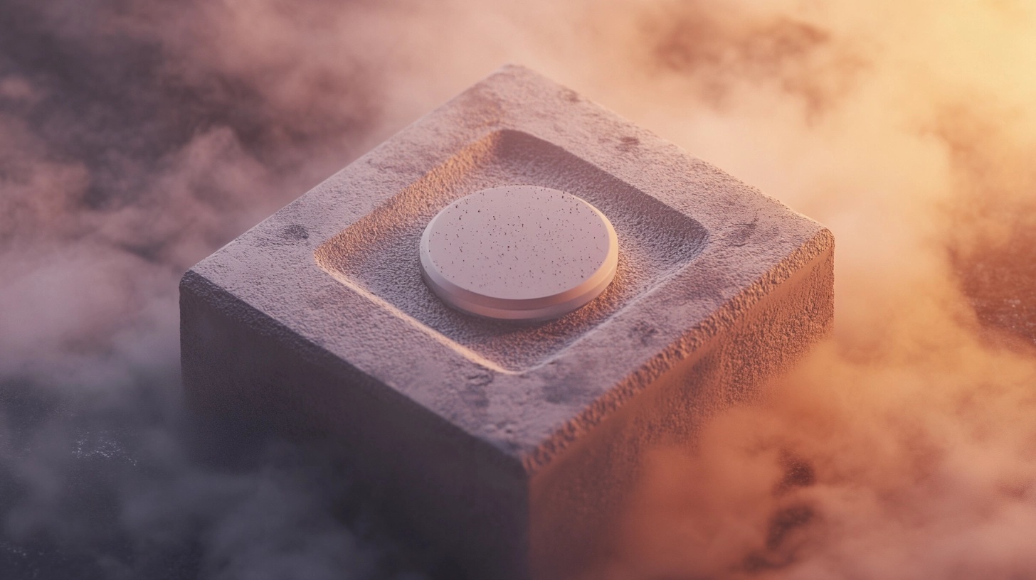 A textured, concrete-like cube with a smooth, round white button in the center, surrounded by soft, colorful fog and warm lighting.
