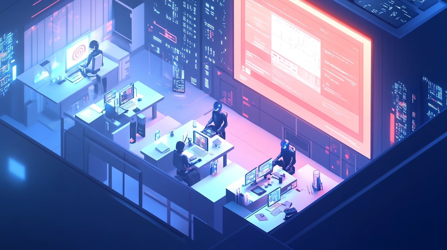 Futuristic control room with humanoid robots working at computer stations, surrounded by large screens and digital interfaces, symbolising a collaborative AI workspace managing complex design or data systems.