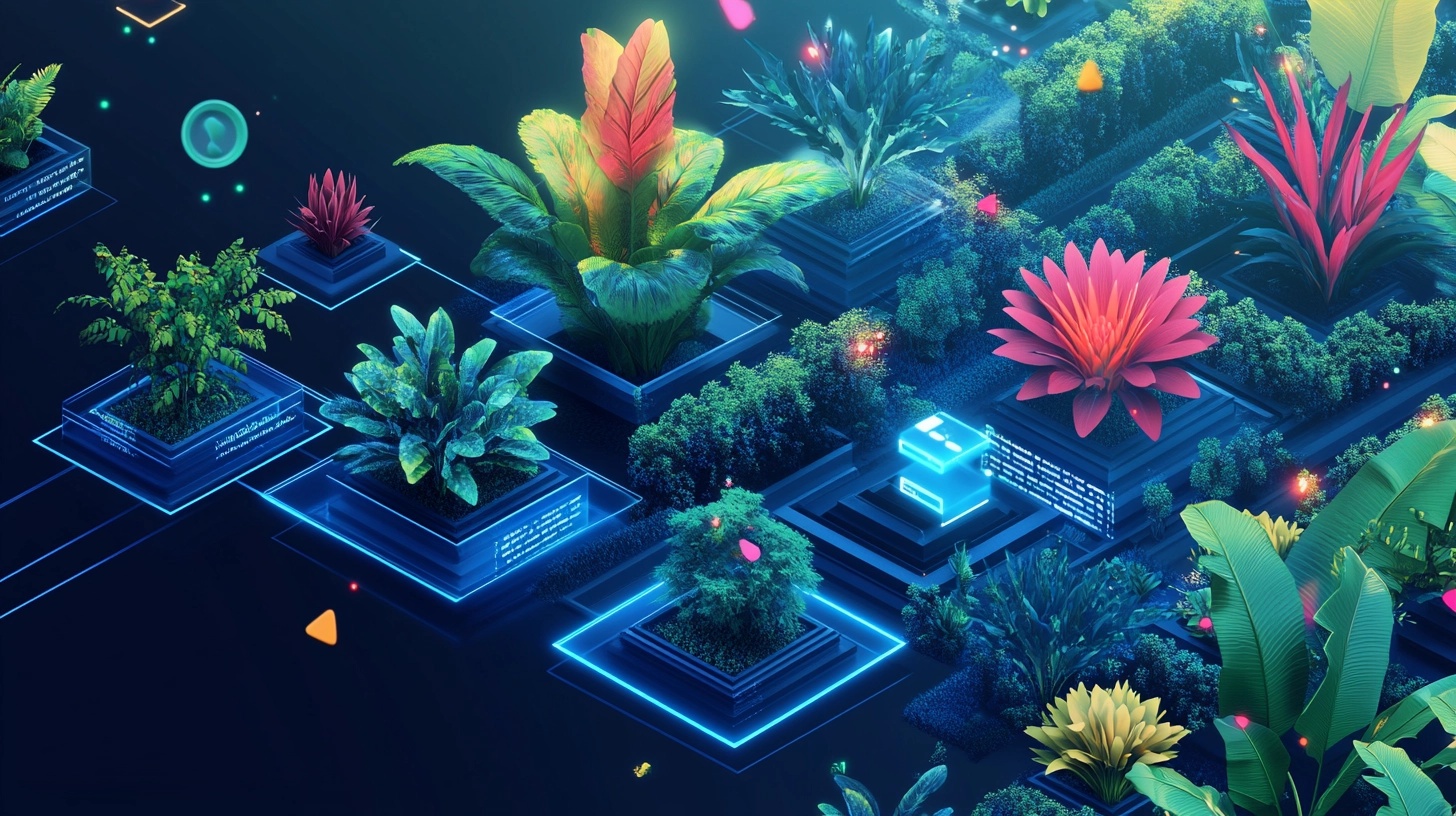 Futuristic digital garden with glowing plants and neon-lit data structures in a virtual environment.