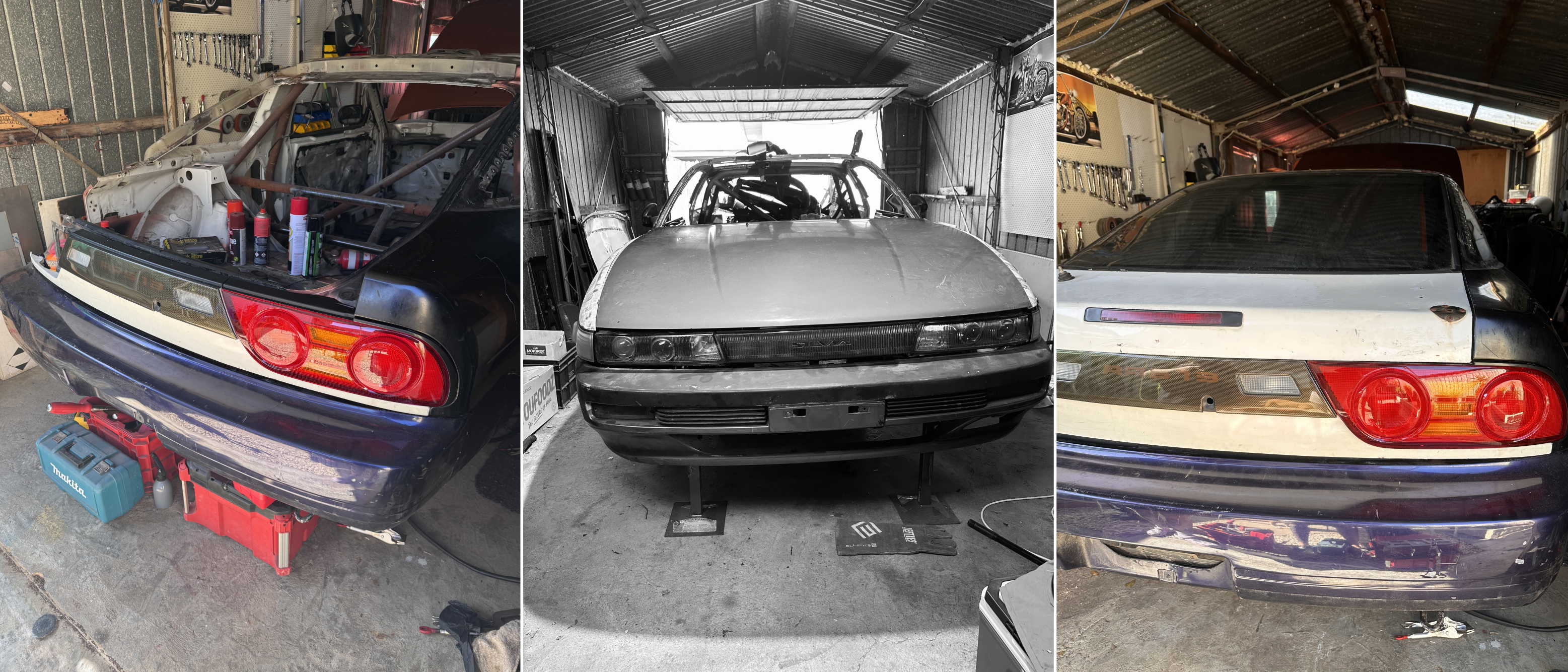 Three images showing the gradual reassembly of a Nissan 180SX in a garage. Left: rear view with taillights, bumper, and primered panels in place, surrounded by tools. Centre: a black-and-white front view of the car elevated on jack stands. Right: completed rear assembly with taillights and hatch, showing progress toward a road-ready state.