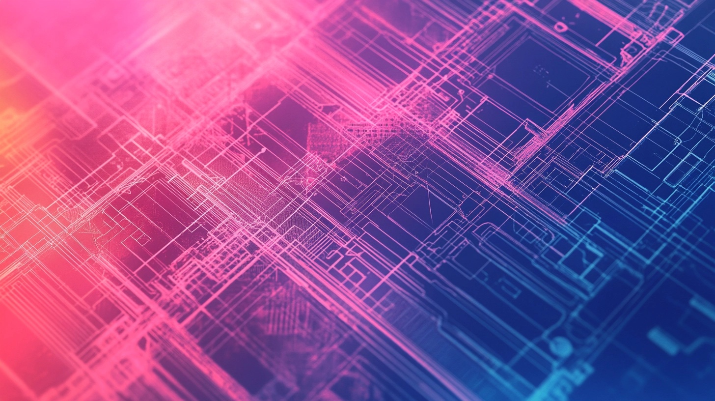 Abstract digital blueprint with neon pink and blue circuit-like lines forming a complex network.