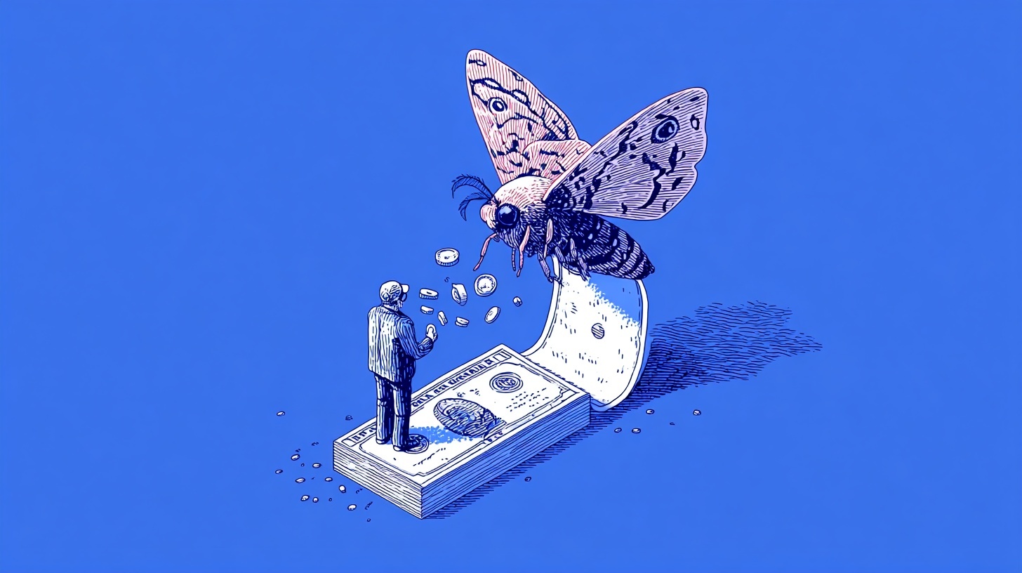 Illustration of a giant moth emerging from a folded banknote, facing a small person while scattering coins, symbolising financial drain.