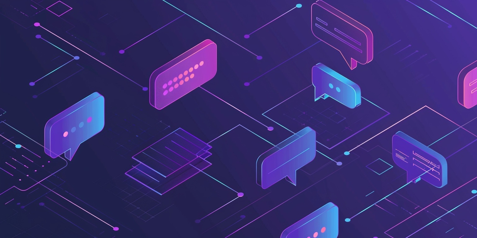 Abstract illustration featuring neon-coloured speech bubbles and chat symbols floating in a connected digital grid — symbolising distributed communication, systems of meaning, and clarity emerging through dialogue