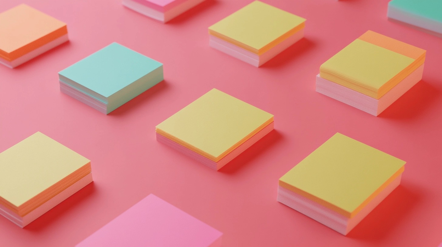 Stacks of colorful square sticky notes, including yellow, pink, orange, and light blue, arranged neatly on a pink background, creating a visually pleasing pattern.