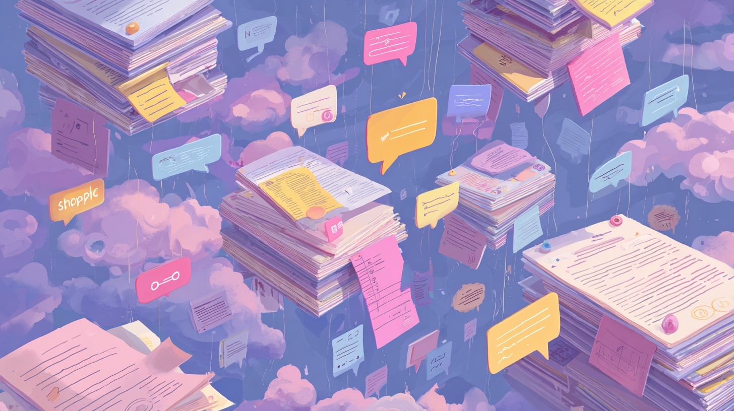 A pastel-toned digital illustration in isometric style showing towering stacks of documents and memos floating among clouds. Colourful speech bubbles and chat boxes are suspended in the air, referencing digital communication and internal messaging. Logos like “Shopify” and icons hint at tech companies and AI discourse, creating a dreamlike atmosphere of ideas and announcements in motion.