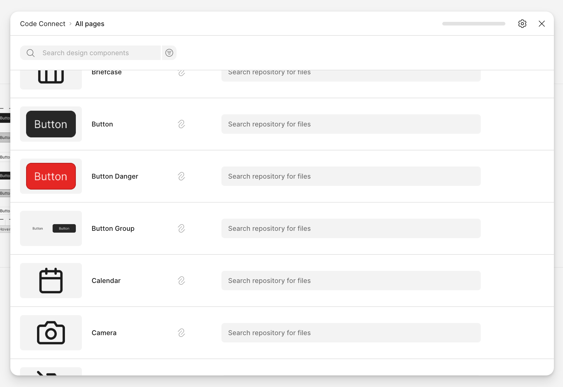 A screenshot of a design tool interface showing a “Code Connect” panel titled “All pages.” The panel lists various UI components such as Button, Button Danger, Button Group, Calendar, and Camera, each with an icon preview and a search field labeled “Search repository for files.” A search bar at the top allows users to search design components within the project.