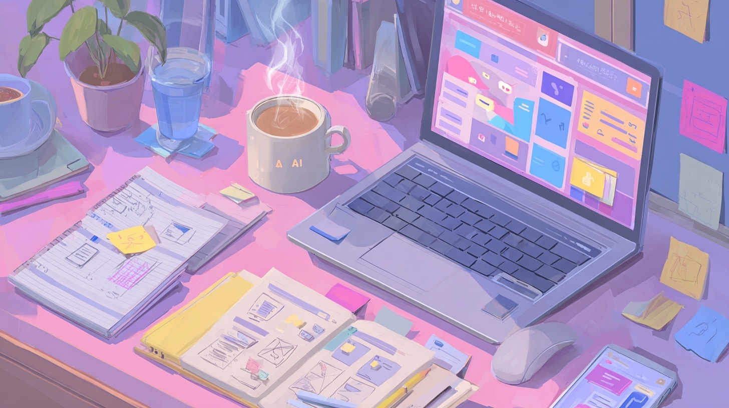 An isometric-style digital illustration of a pastel-toned designer's workspace. The desk features an open laptop displaying colourful UI screens, a mug of coffee labeled “AI” with steam rising, sketchbooks filled with wireframes and sticky notes, a smartphone, a glass of water, and a potted plant — all bathed in soft, warm lighting.