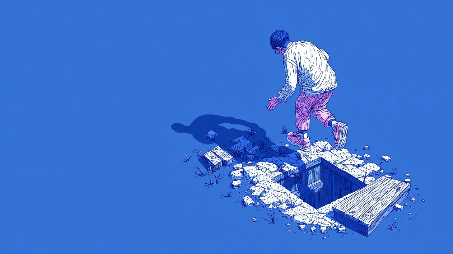 Illustration of a person cautiously walking toward a crumbling hole in the ground, suggesting risk or an unseen trap.