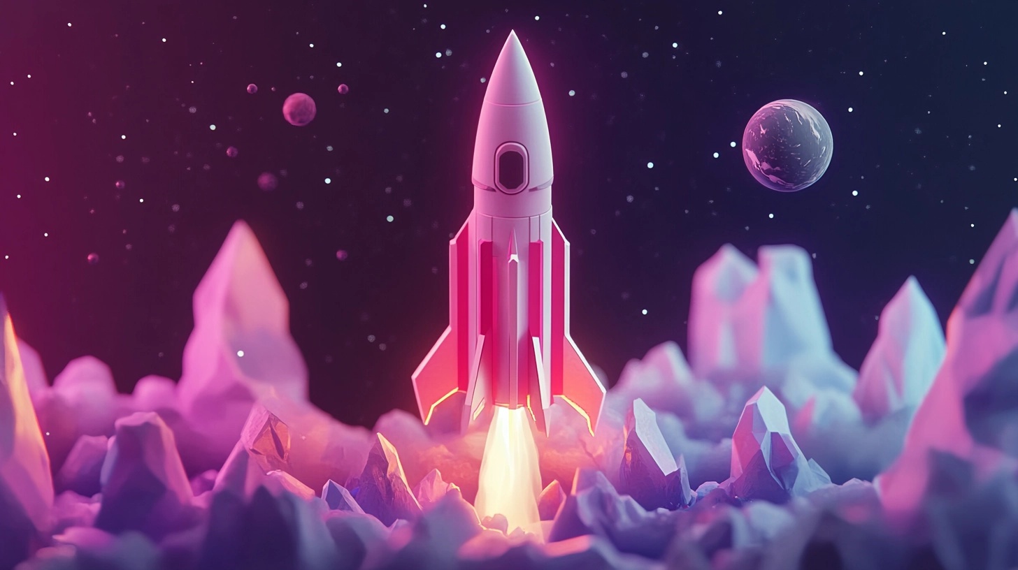 A stylized rocket launching from a jagged, crystalline landscape, with glowing orange flames and a purple-pink hue reflecting off the surrounding terrain. The scene is set against a dark starry sky, with planets and celestial bodies in the background, creating a futuristic and space-themed atmosphere.