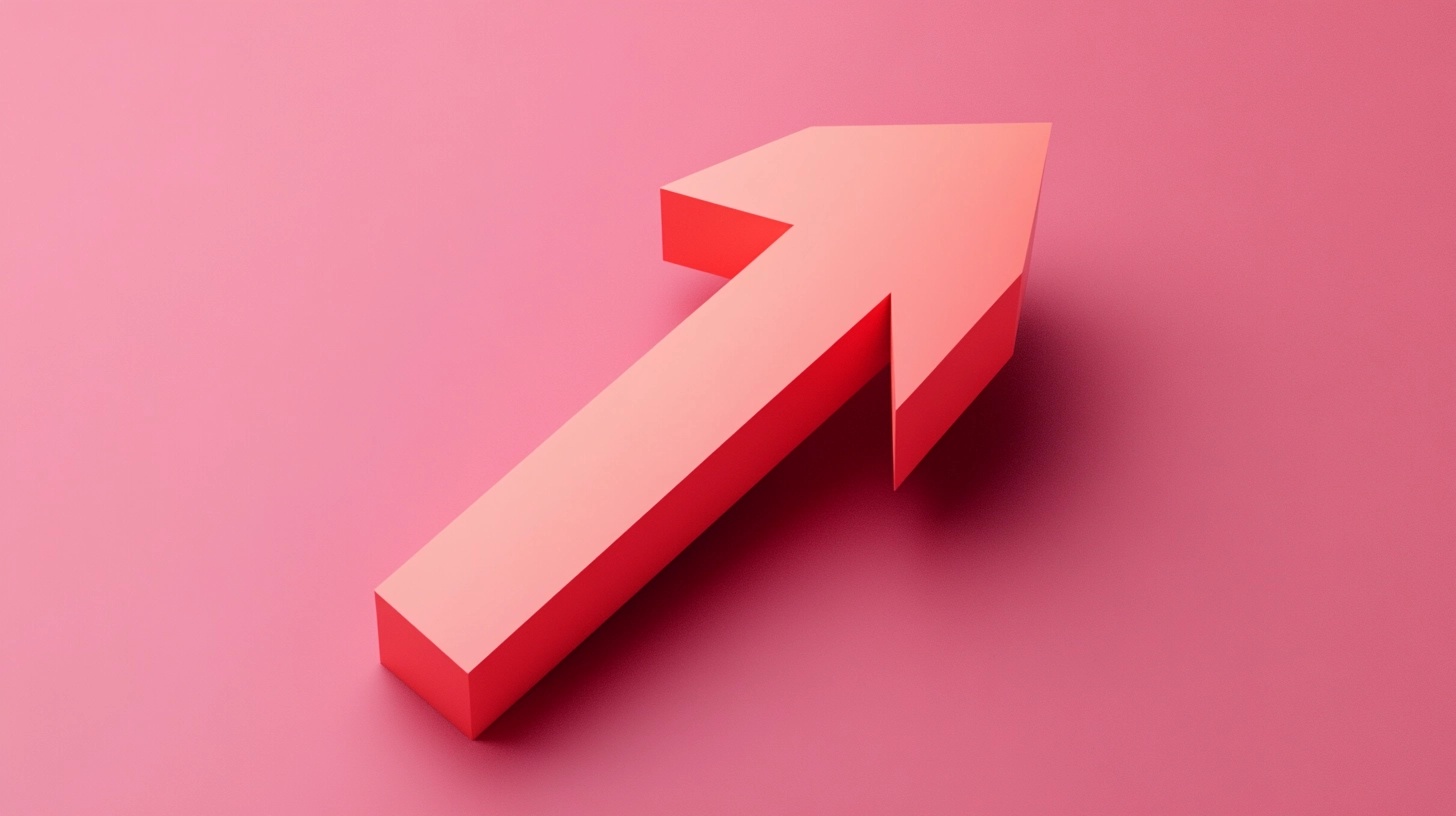 A 3D illustration of a large, pink arrow pointing upwards against a matching pink background. The arrow is geometric, with clean lines and a modern, minimalistic design, creating a sense of movement and direction. The simplicity and boldness of the image evoke a feeling of progress and forward momentum.