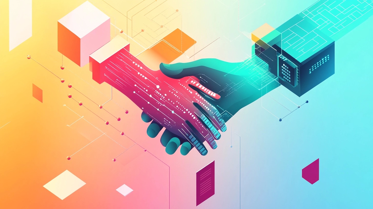 Digital illustration of two hands shaking, symbolizing technology partnerships and collaboration in a futuristic network.