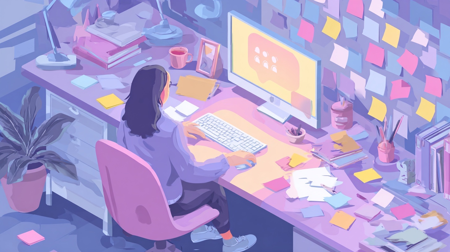 An isometric-style digital illustration in soft pastel colours showing a woman working at a computer in a creative, cluttered workspace. The desk is covered with sticky notes, sketches, folders, and office supplies. A wall of multicoloured sticky notes serves as a backdrop, suggesting brainstorming or design planning. The scene evokes a busy, idea-rich environment, typical of design or product development work.