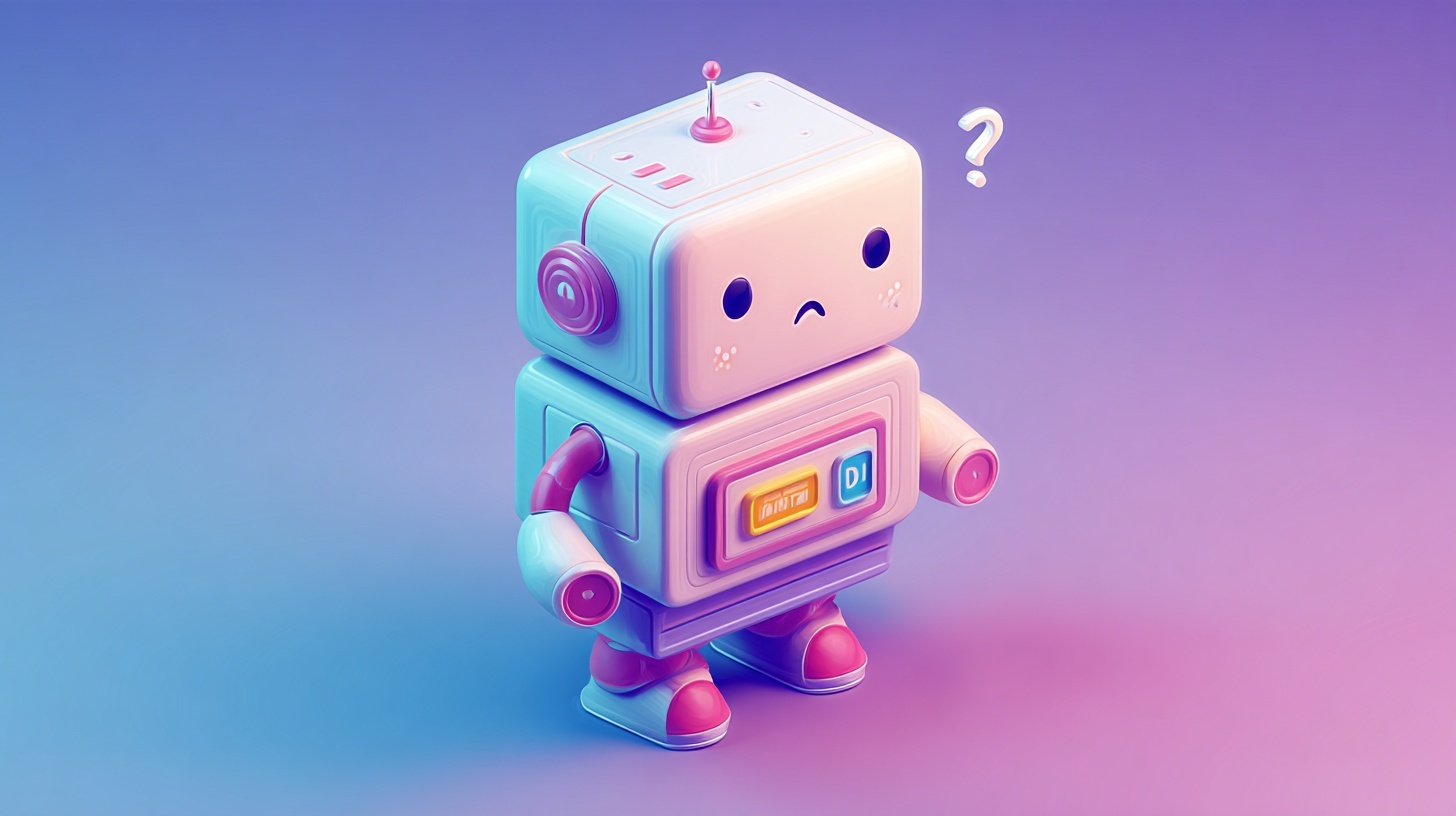 Cute cartoon robot with a confused expression and a floating question mark, set against a purple-blue gradient background.