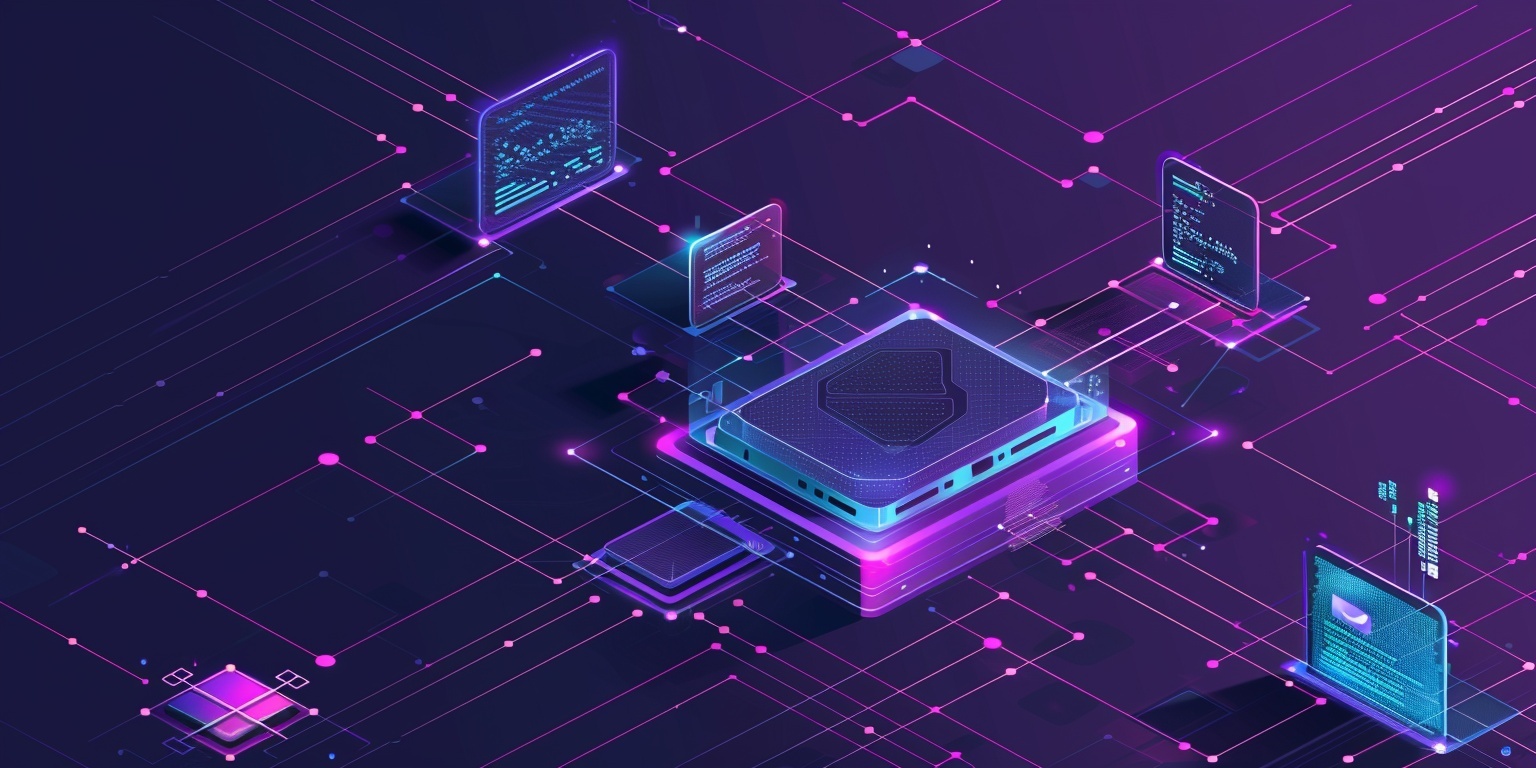 Futuristic digital illustration of a glowing processor-like core connected to multiple floating data panels, all linked by neon pink and blue circuit lines — symbolising system integration, clarity of information flow, and connected decision layers