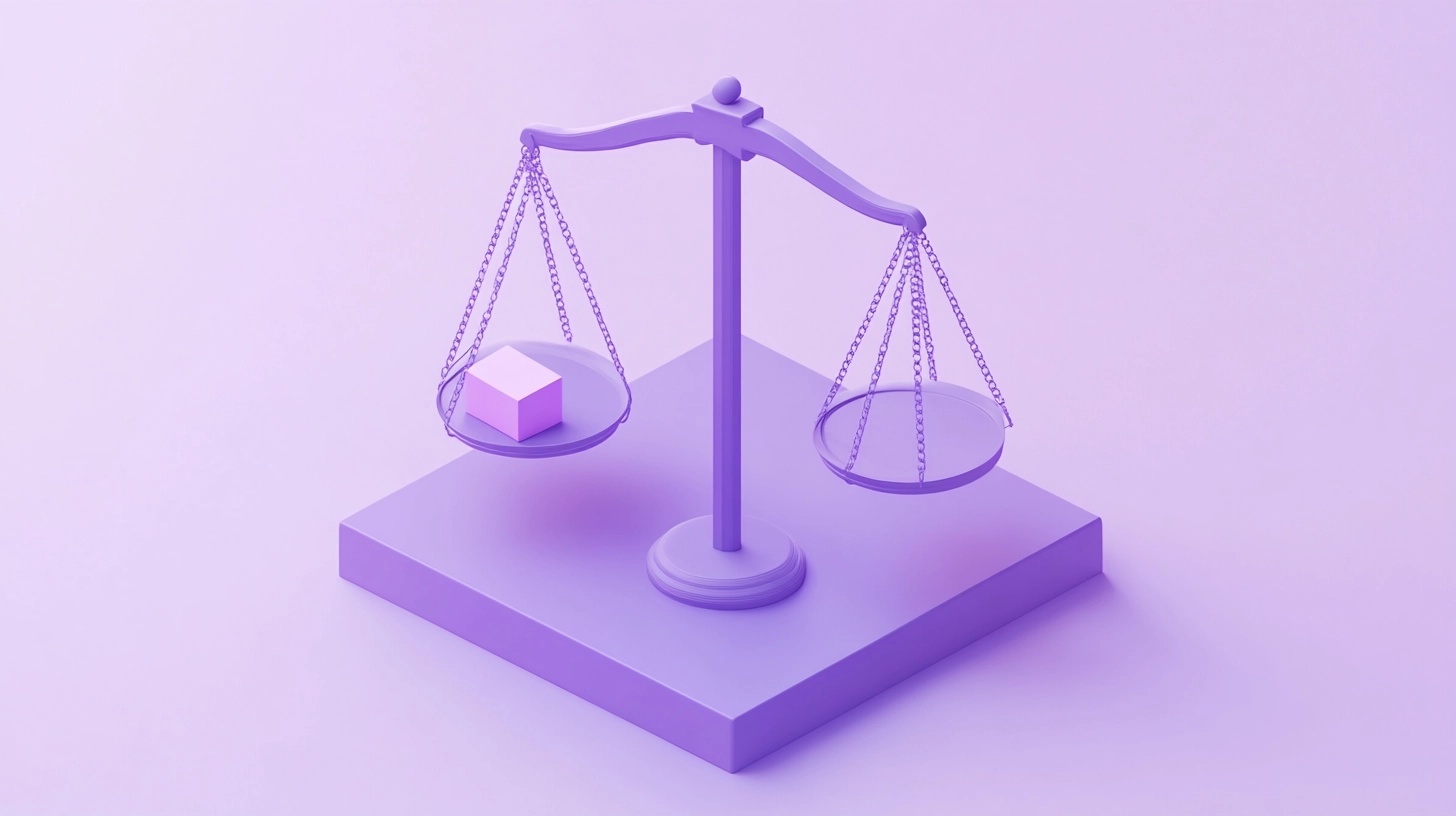 A stylized purple 3D balance scale with a pink cube on the left side, tilting the scale downward.