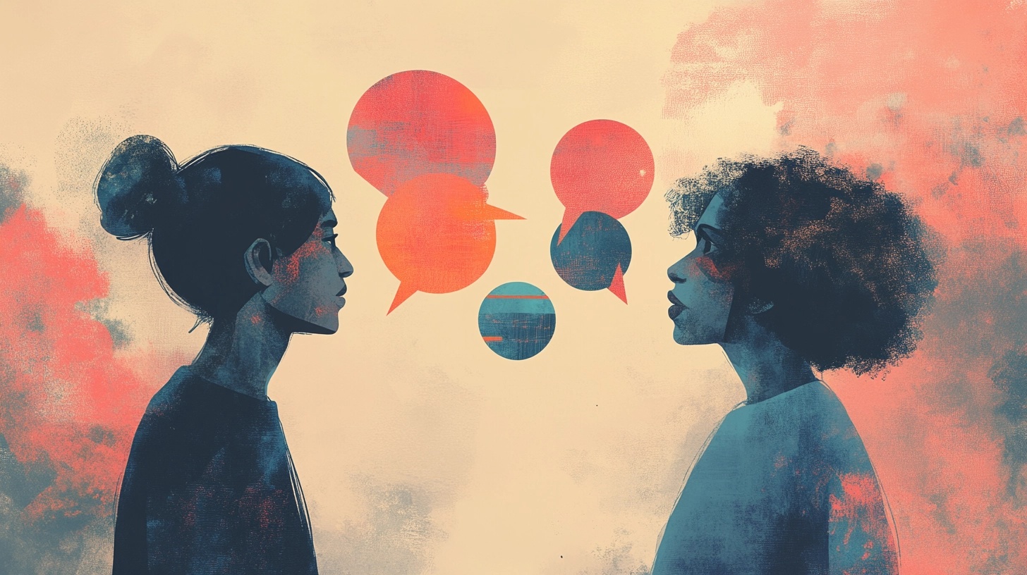 Two women face each other with colorful speech bubbles between them, symbolizing communication.