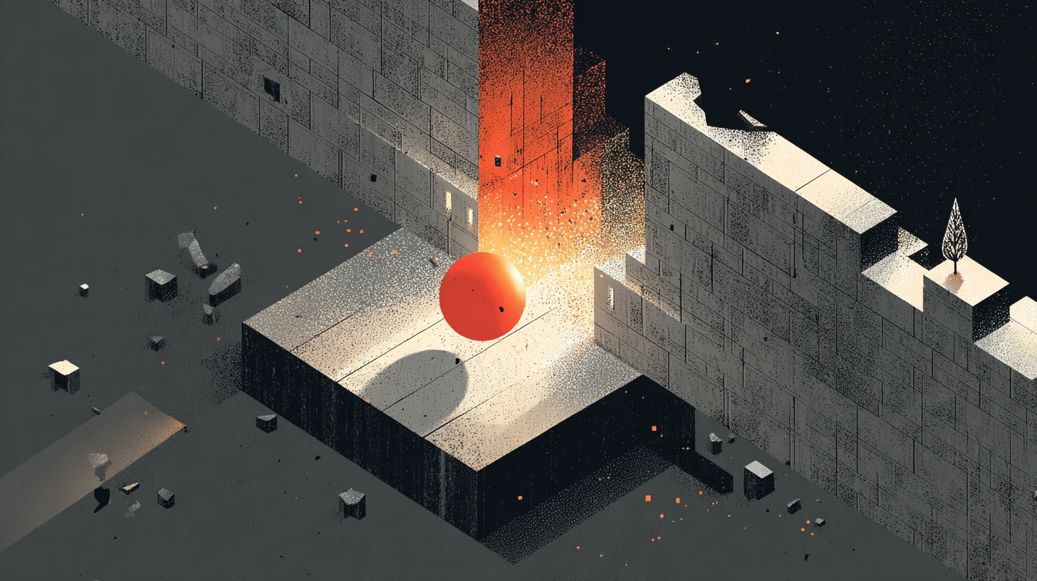 A surreal illustration of a glowing orange sphere floating in a narrow concrete courtyard, casting light onto the gray walls around it. The walls appear tall and weathered, with small blocks and debris scattered on the ground. A lone tree grows from the top of one wall, symbolizing resilience and growth amid a stark, industrial setting.