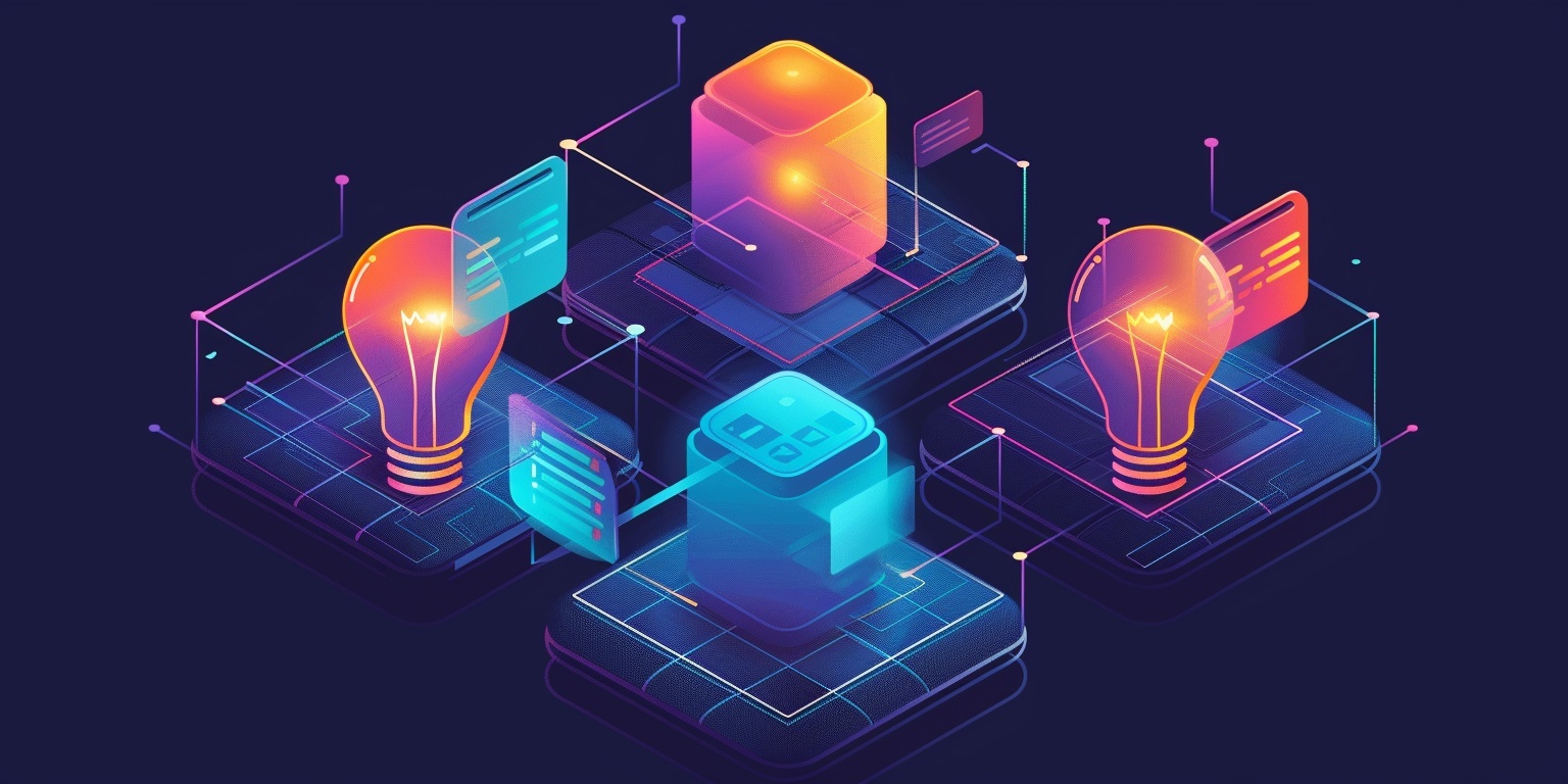 Abstract digital illustration featuring glowing lightbulbs and translucent cubes on circuit-like platforms, connected by neon lines and floating UI panels — representing interconnected ideas, data flow, and system intelligence