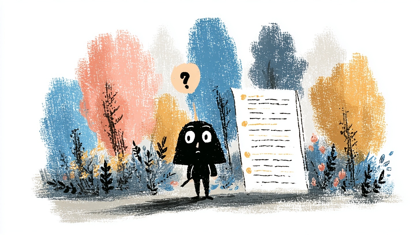 A small confused figure with a question mark above its head stands next to a tall checklist, surrounded by colourful brushstroke trees.