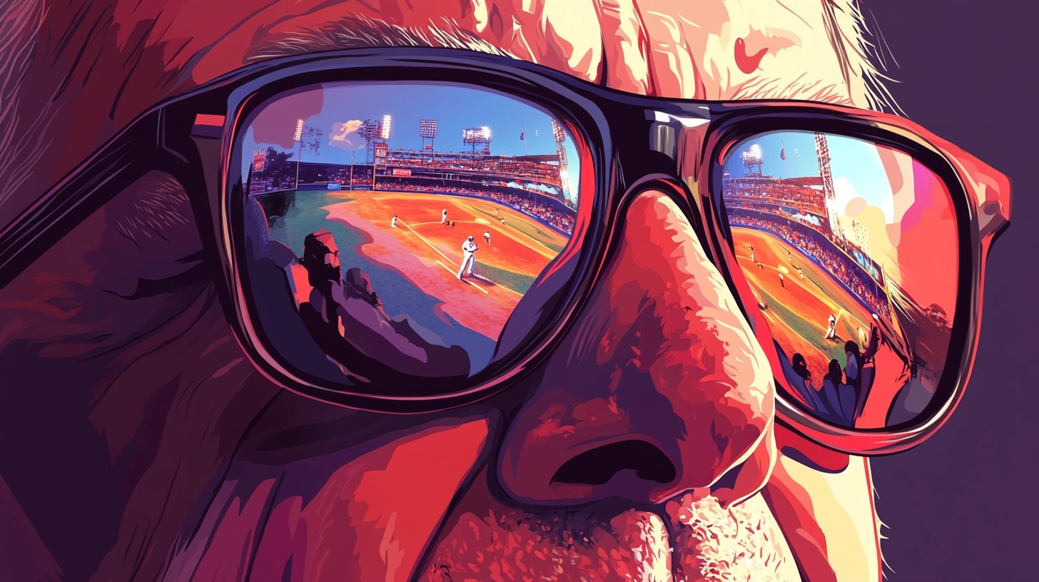 Close-up of a person's face with a baseball game reflected in their sunglasses.